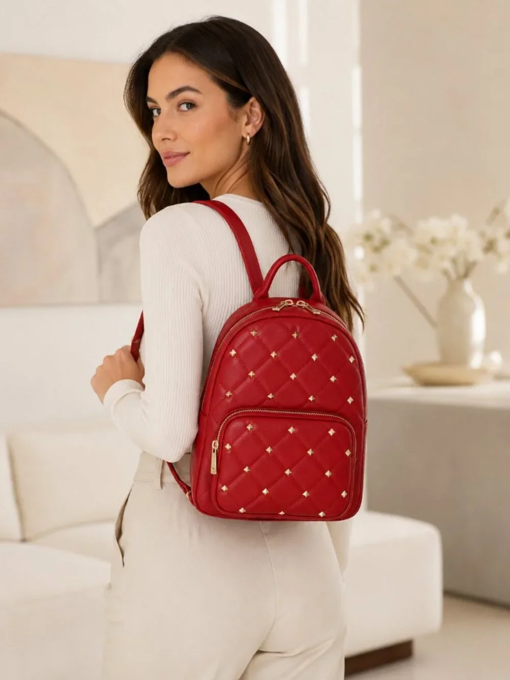 Badgley Mischka Red Quilted Studded Vegan Leather Backpack NWT